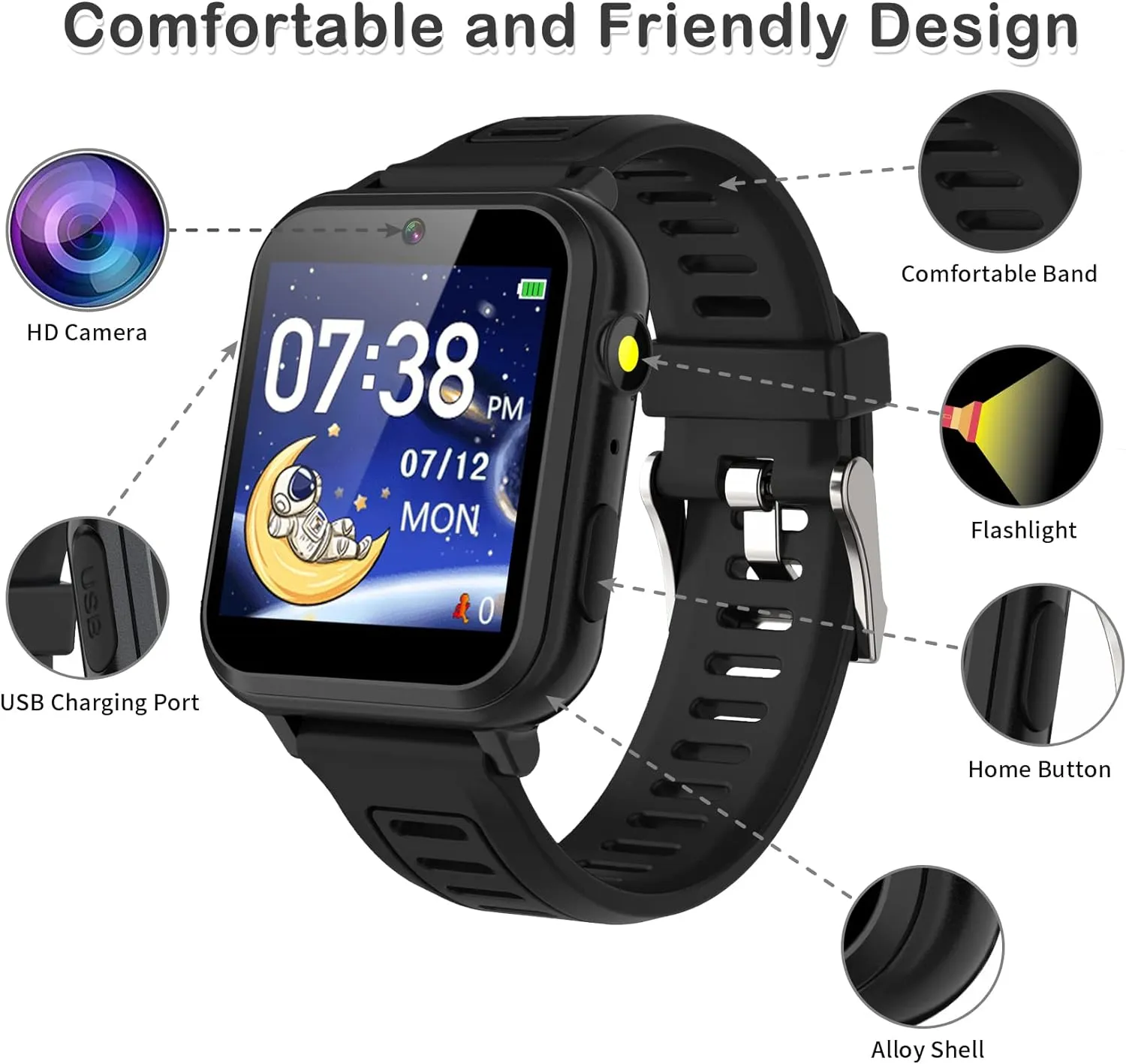 Phyulls Smart Watch for Kids, Smart Watch Toys with 24 Games Camera Video Recorder Music Alarm Calculator Calendar Flashlight Stopwatch Pedometer Gift Toys for 3-12 Years Old Boys and Girls (Black)