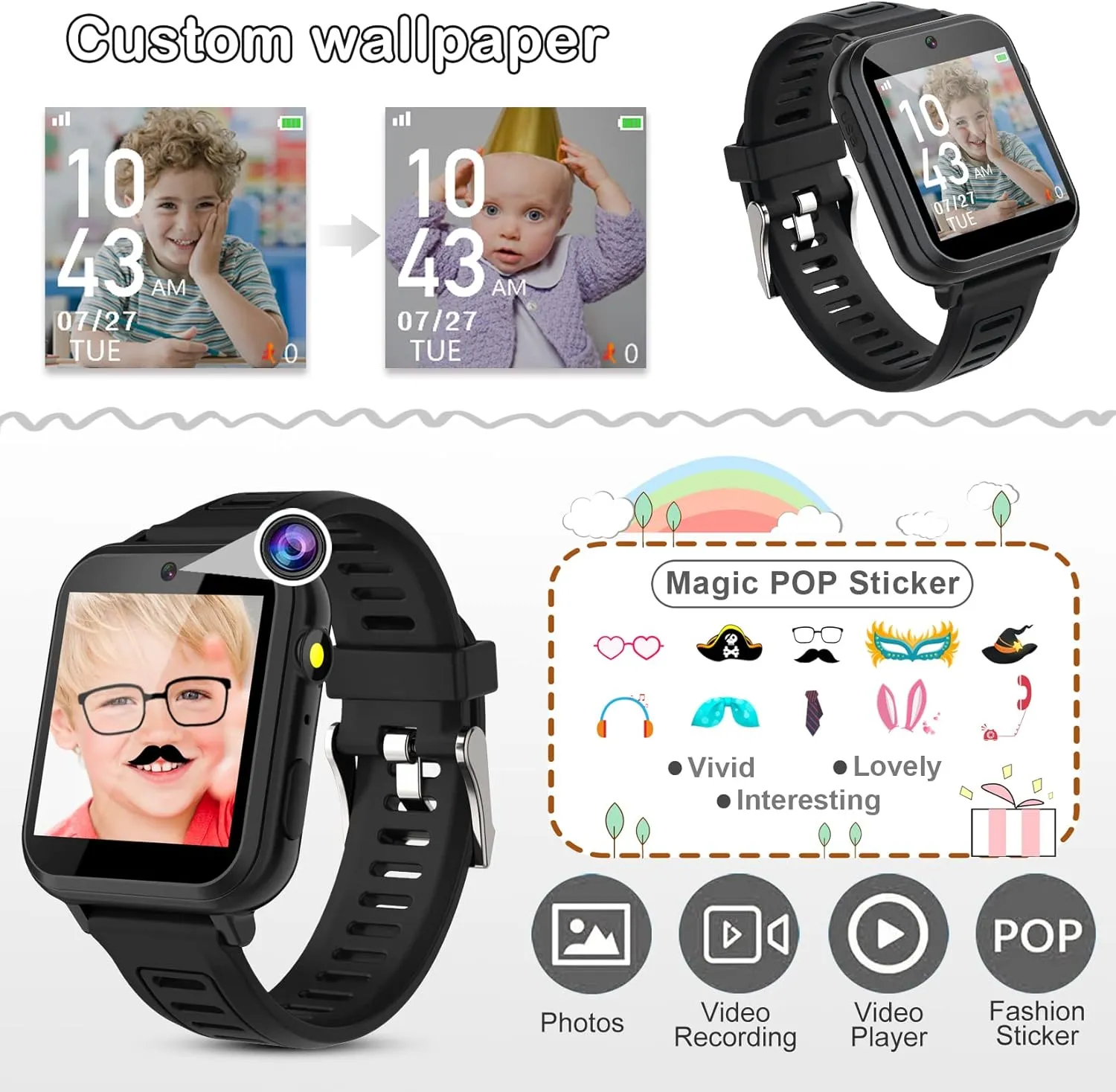 Phyulls Smart Watch for Kids, Smart Watch Toys with 24 Games Camera Video Recorder Music Alarm Calculator Calendar Flashlight Stopwatch Pedometer Gift Toys for 3-12 Years Old Boys and Girls (Black)