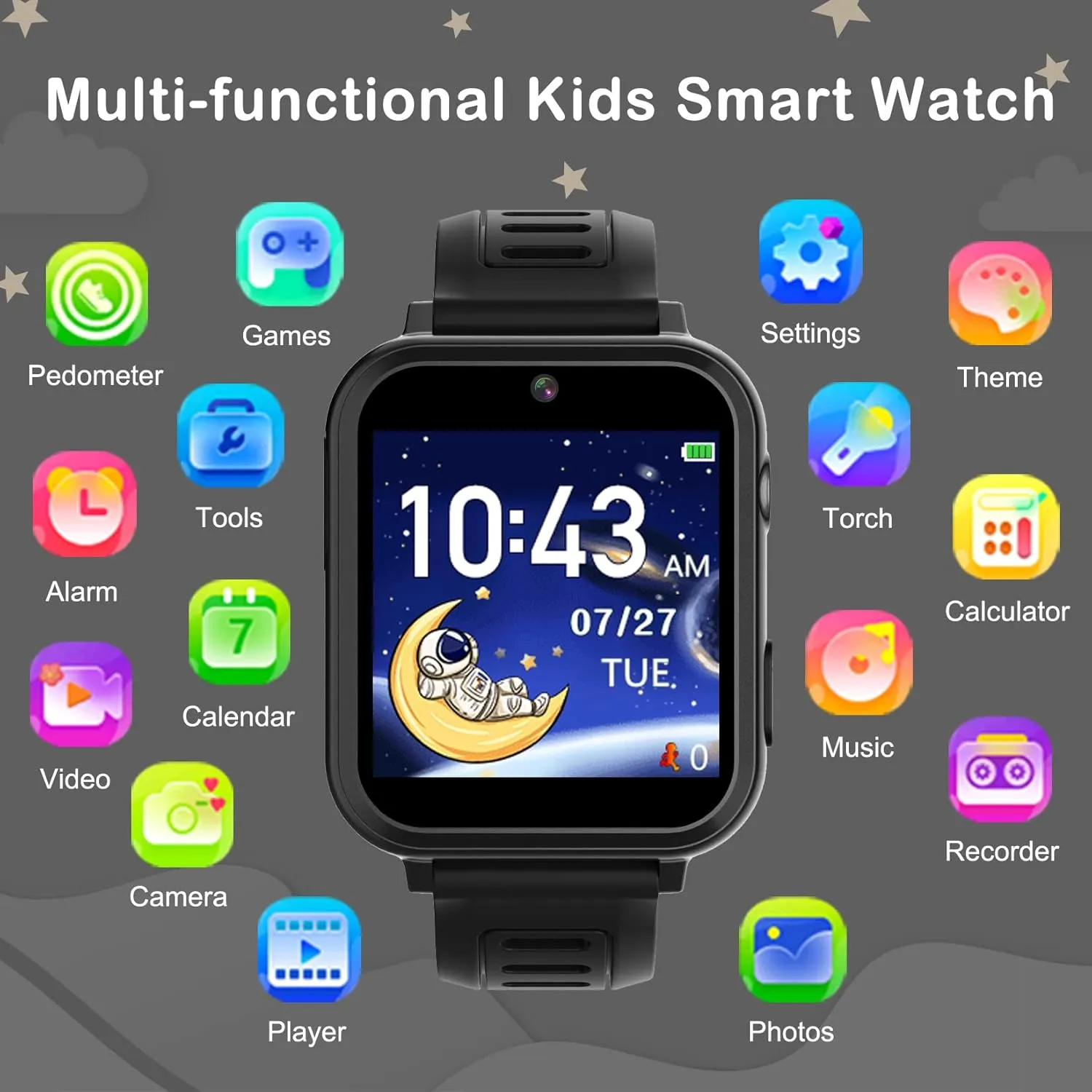 Phyulls Smart Watch for Kids, Smart Watch Toys with 24 Games Camera Video Recorder Music Alarm Calculator Calendar Flashlight Stopwatch Pedometer Gift Toys for 3-12 Years Old Boys and Girls (Black)