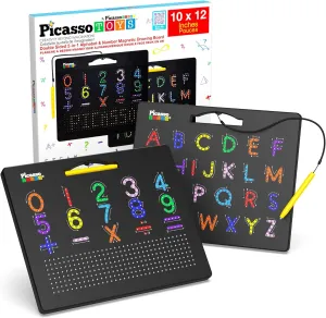 PicassoTiles 2-in-1 Magnetic Drawing Board Toy 12x10 inch Large Magnet Bead Tablet Pad with 2 Facings Alphabet  Math STEM Free Style Educational Erasable Learning Writing Playboard in Black PTB02