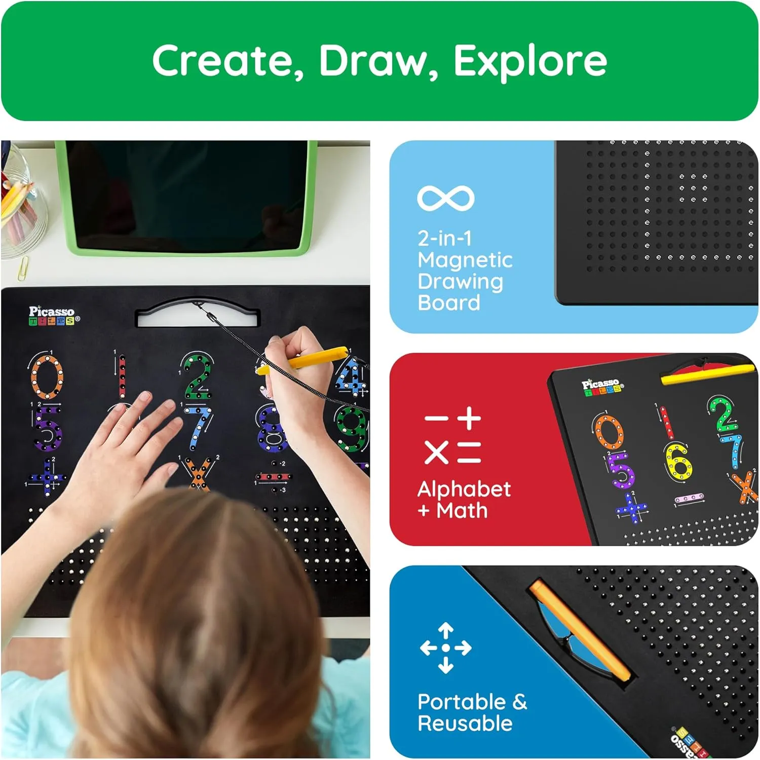 PicassoTiles 2-in-1 Magnetic Drawing Board Toy 12x10 inch Large Magnet Bead Tablet Pad with 2 Facings Alphabet  Math STEM Free Style Educational Erasable Learning Writing Playboard in Black PTB02