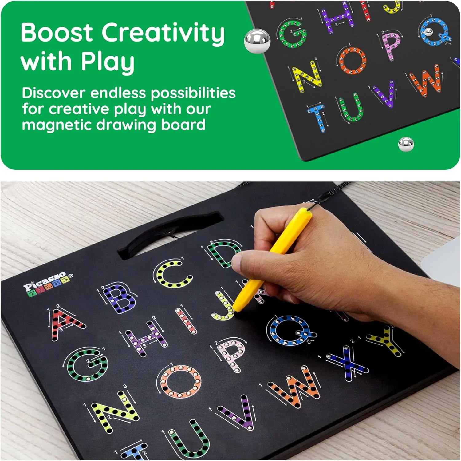 PicassoTiles 2-in-1 Magnetic Drawing Board Toy 12x10 inch Large Magnet Bead Tablet Pad with 2 Facings Alphabet  Math STEM Free Style Educational Erasable Learning Writing Playboard in Black PTB02