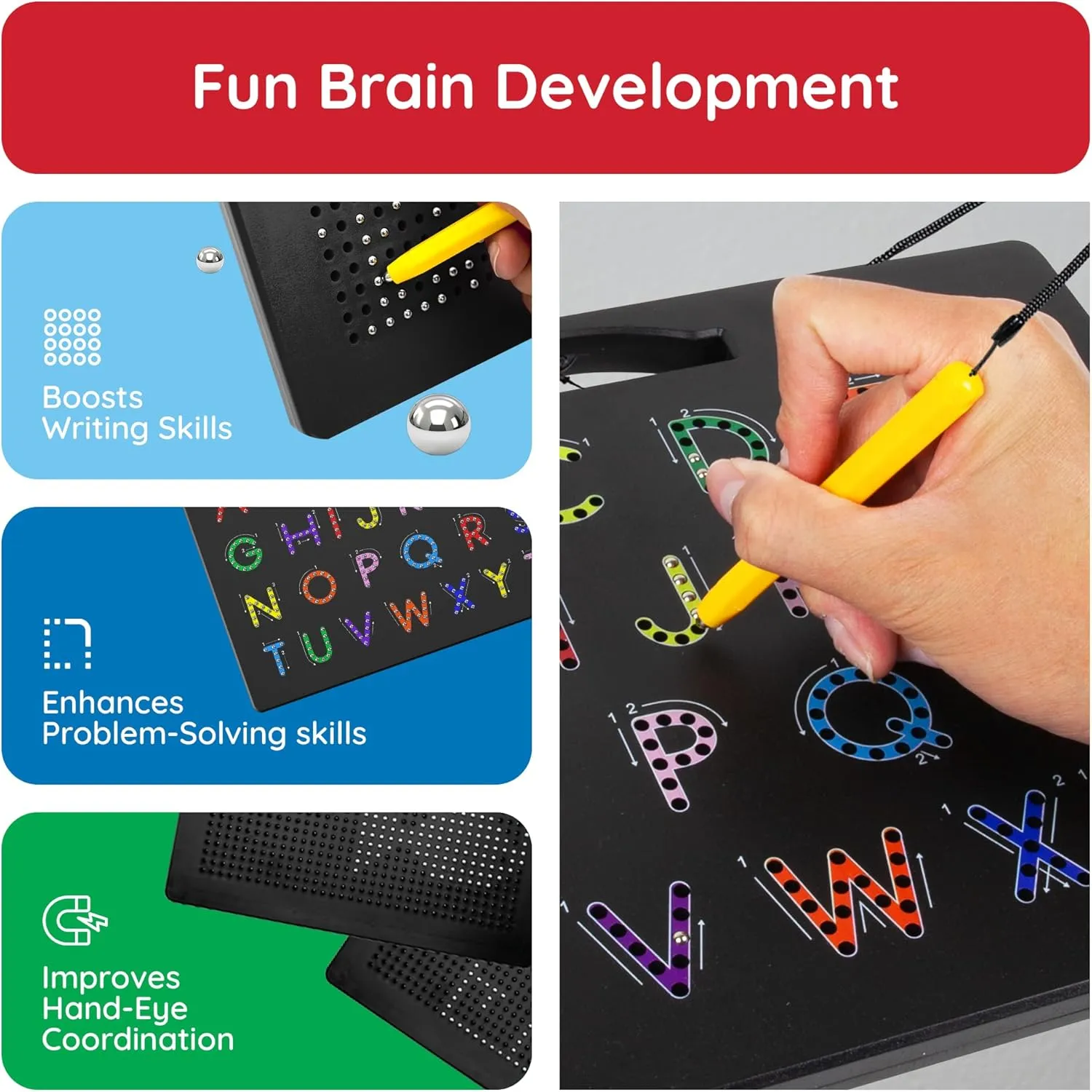 PicassoTiles 2-in-1 Magnetic Drawing Board Toy 12x10 inch Large Magnet Bead Tablet Pad with 2 Facings Alphabet  Math STEM Free Style Educational Erasable Learning Writing Playboard in Black PTB02