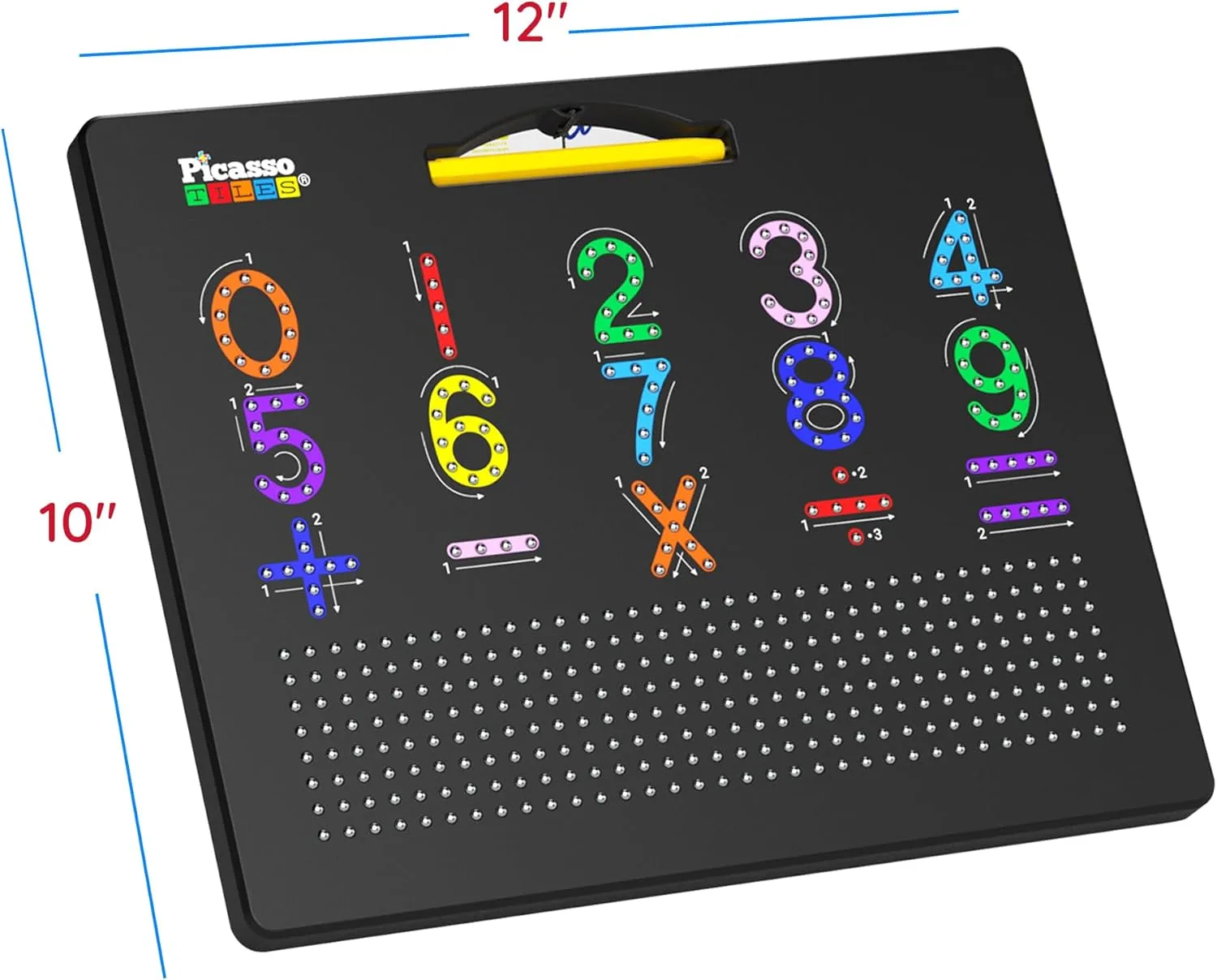 PicassoTiles 2-in-1 Magnetic Drawing Board Toy 12x10 inch Large Magnet Bead Tablet Pad with 2 Facings Alphabet  Math STEM Free Style Educational Erasable Learning Writing Playboard in Black PTB02