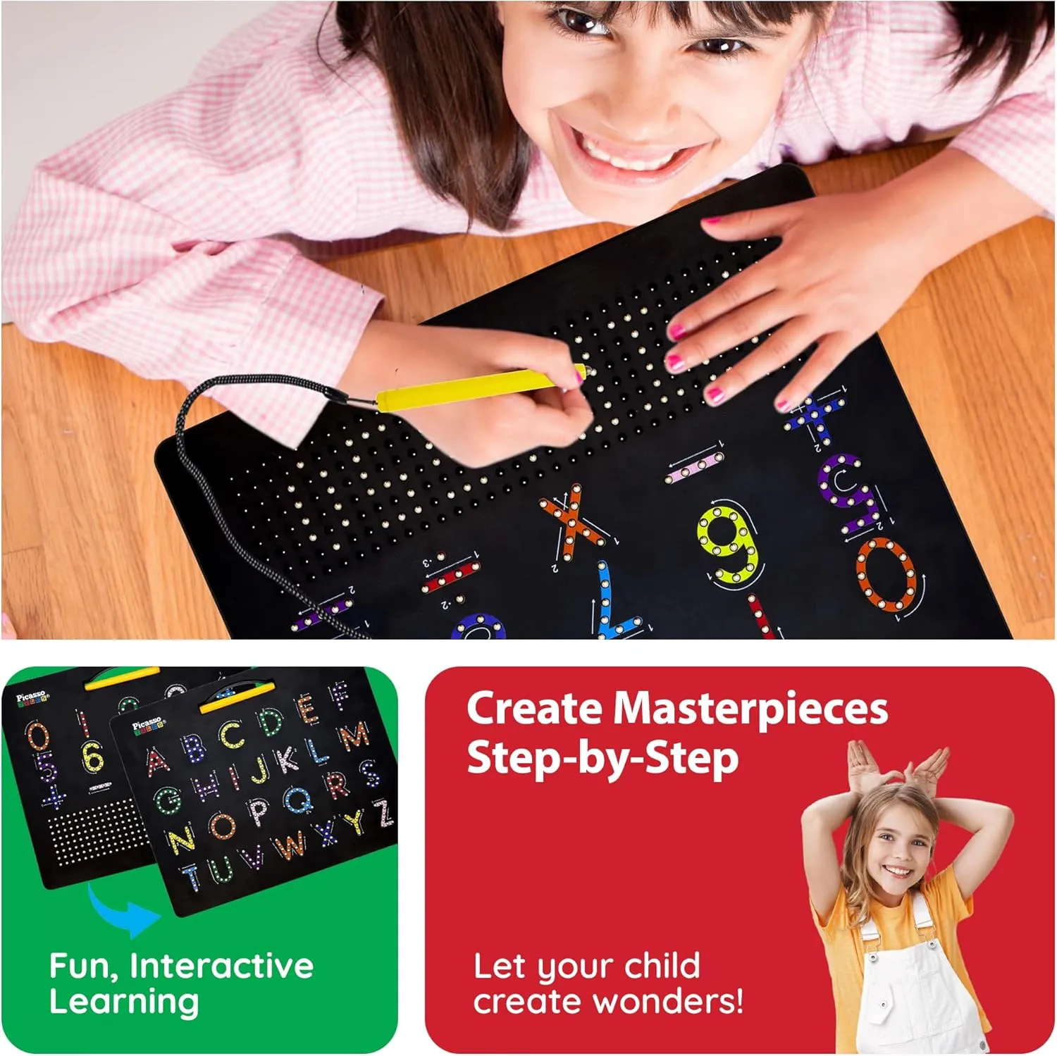PicassoTiles 2-in-1 Magnetic Drawing Board Toy 12x10 inch Large Magnet Bead Tablet Pad with 2 Facings Alphabet  Math STEM Free Style Educational Erasable Learning Writing Playboard in Black PTB02