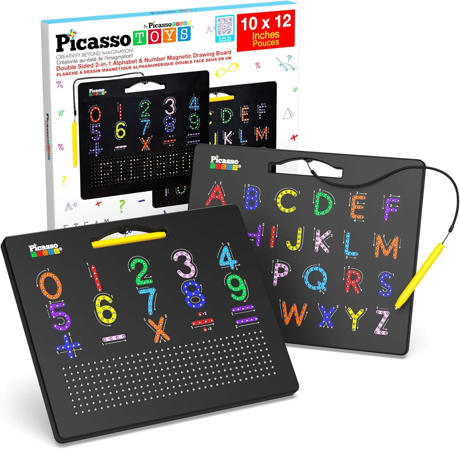PicassoTiles 2-in-1 Magnetic Drawing Board Toy 12x10 inch Large Magnet Bead Tablet Pad with 2 Facings Alphabet  Math STEM Free Style Educational Erasable Learning Writing Playboard in Black PTB02