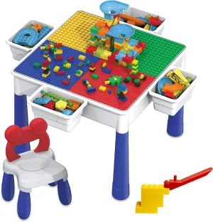 PicassoTiles Double Sided Magnetic Drawing Board   Play Table Chair, 2-in-1 Letter, Number, and Freestyle Writing Playboard 12x10 inch Magnet Pad, 581pcs Building Blocks and Marble Run w/Storage