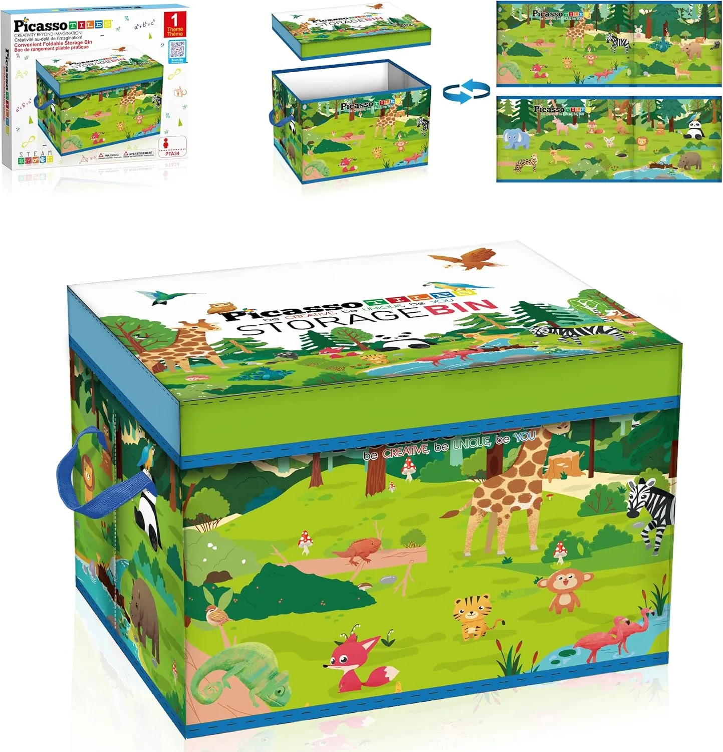 PicassoTiles Foldable Toy Storage Chest Box Forest Animal Theme Magnet Tile Organization Bin with Lid and Handles Magnetic Tiles Playroom Organizer STEM Early Educational Toys Boys Girls Ages 3  PTA34