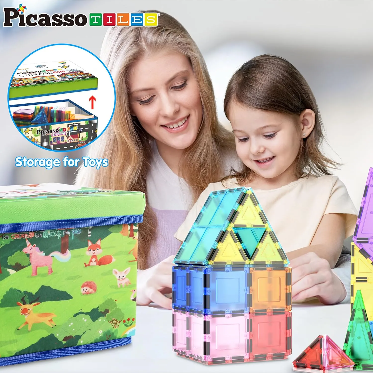 PicassoTiles Foldable Toy Storage Chest Box Forest Animal Theme Magnet Tile Organization Bin with Lid and Handles Magnetic Tiles Playroom Organizer STEM Early Educational Toys Boys Girls Ages 3  PTA34
