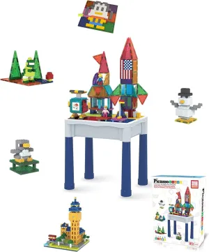 PicassoTiles Magnetic Drawing Board   316pcs Activity Play Table, Double-Sided Lower Case Alphabet Free Style Writing Playboard 12x10 inch Pad, Magnetic Brick and Block Action Figures Tiles Storage