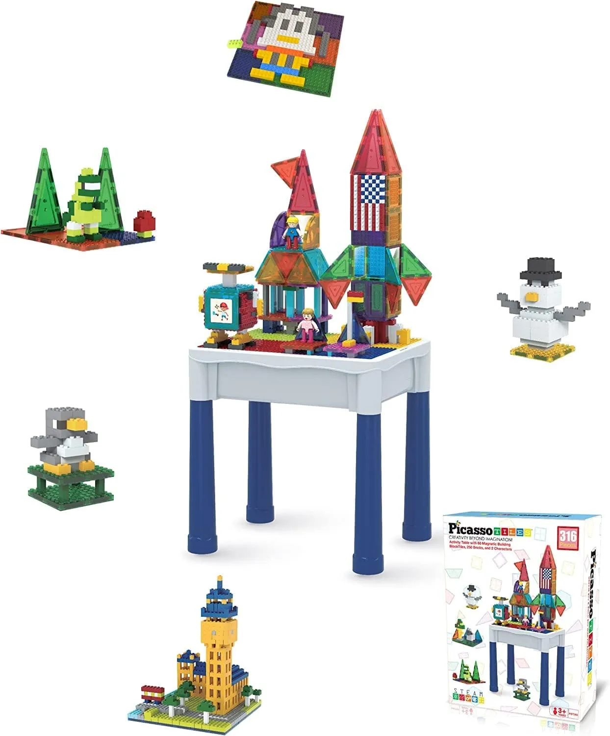 PicassoTiles Magnetic Drawing Board   316pcs Activity Play Table, Double-Sided Lower Case Alphabet Free Style Writing Playboard 12x10 inch Pad, Magnetic Brick and Block Action Figures Tiles Storage