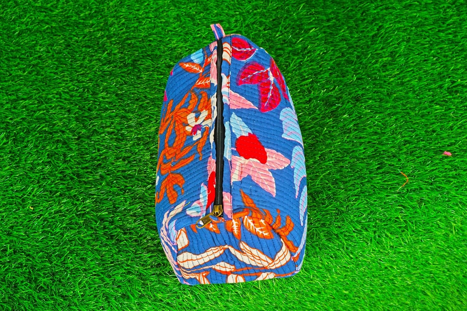 Pieces Indian Handmade Cotton Quilted Handmade Floral Hand Block Print Toiletry Bag,Cosmetic Pouch Bag Makeup Bag For Women (1, Blue Printed), 85485