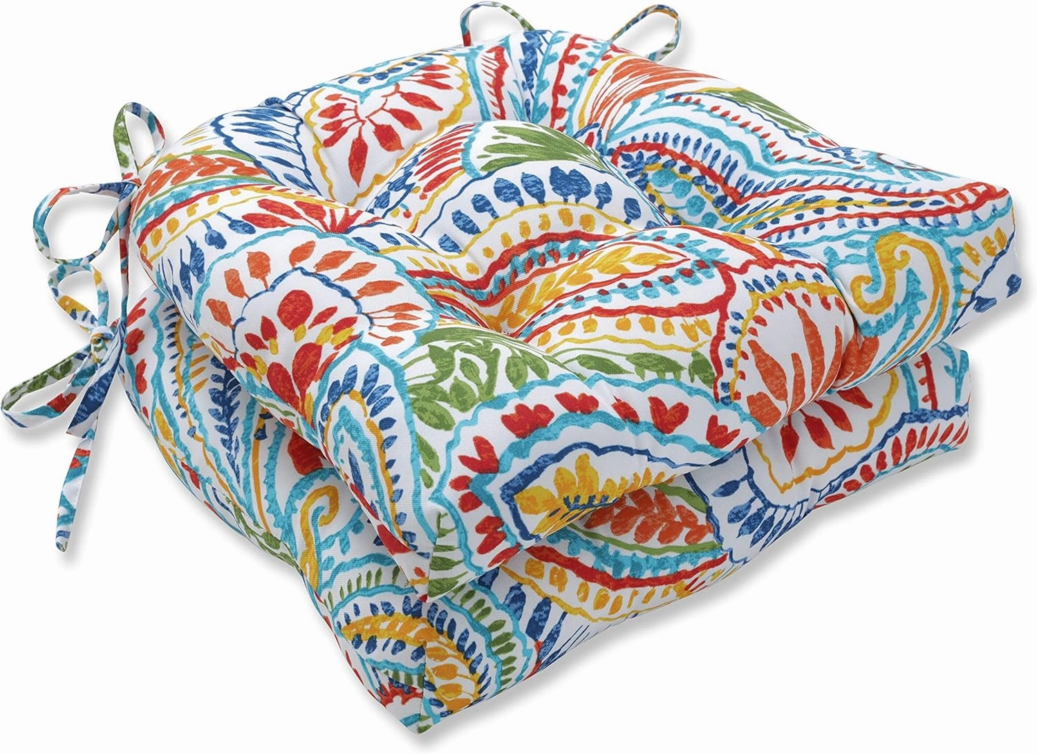 Pillow Perfect Paisley Indoor/Outdoor Chairpad with Ties, Reversible, Tufted, Weather, and Fade Resistant, 15.5" x 16", Blue/Multi Ummi, 2 Count
