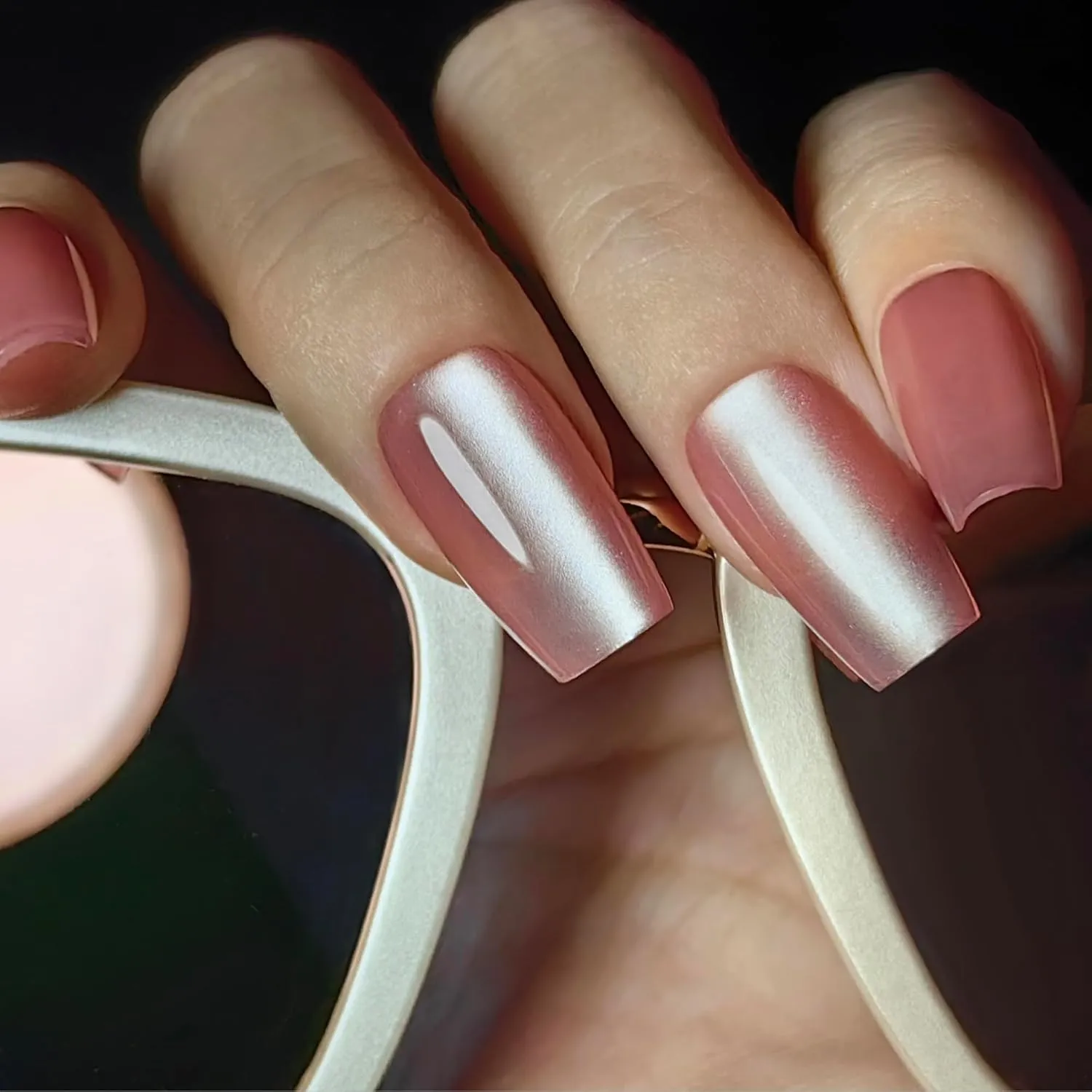 Pink Press on Nails - Pink Grapefruit Cat Eye Press on Nails | Magnetic Neutral Blush Shimmer - Medium Coffin Shape - 12 Sizes - 30 Soft Gel Fake Nails with Glue and Stick On Tabs