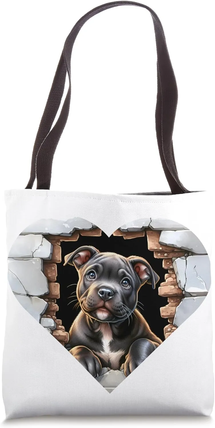 Pitbull Puppy Heart Wall Break Through Dog Love Pet Portrait Tote Bag