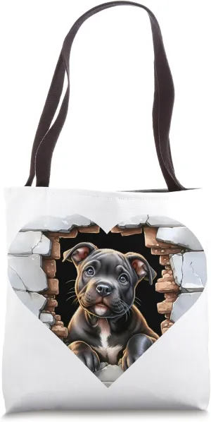 Pitbull Puppy Heart Wall Break Through Dog Love Pet Portrait Tote Bag