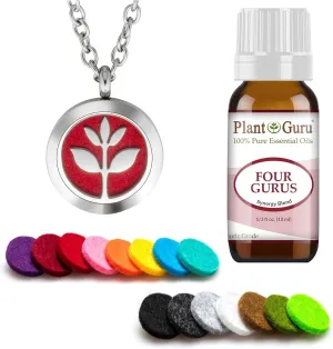 Plant Guru Essential Oil Diffuser Necklace Set Kit with Four Gurus Blend 10 ml., 25mm Stainless Steel Locket Pendant with 24" Adjustable Chain, 15 Washable Refill Felt Pads. Aromatherapy Jewelry