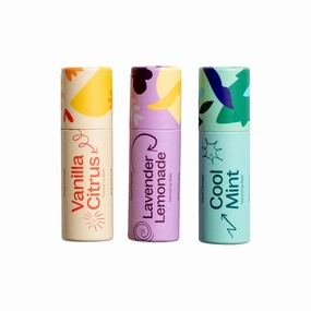 Plant Therapy Love Your Lips Lip Balm Trio Set 0.9 oz Simple, Natural Ingredients & Packaged in Eco-Friendly Recyclable Cardboard, Refreshing Flavors: Lavender Lemonade, Vanilla Citrus, Cool Mint