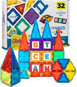 Playmags Magnetic Tile Set, 32-Piece Magnets Building Blocks for Kids, Bonus Clickins ABC Tiles -– STEM Learning Toys for Kids – Strong, Durable, Educational Magnet Blocks for Creative Plays