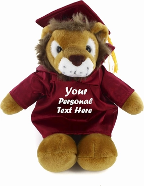 Plushland Graduation Lion Plush Stuffed Animal Toys 12 Inches Present Gifts for Graduation Day, Personalized Text, Name or Your School Logo on Gown, Best for Any Grad School Kids (Burgendy Gown)