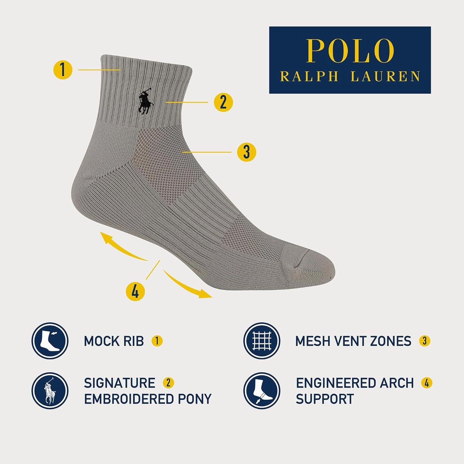 Polo Ralph Lauren Men's Tech Athletic Quarter Socks with Polo Logo (3 Pairs)