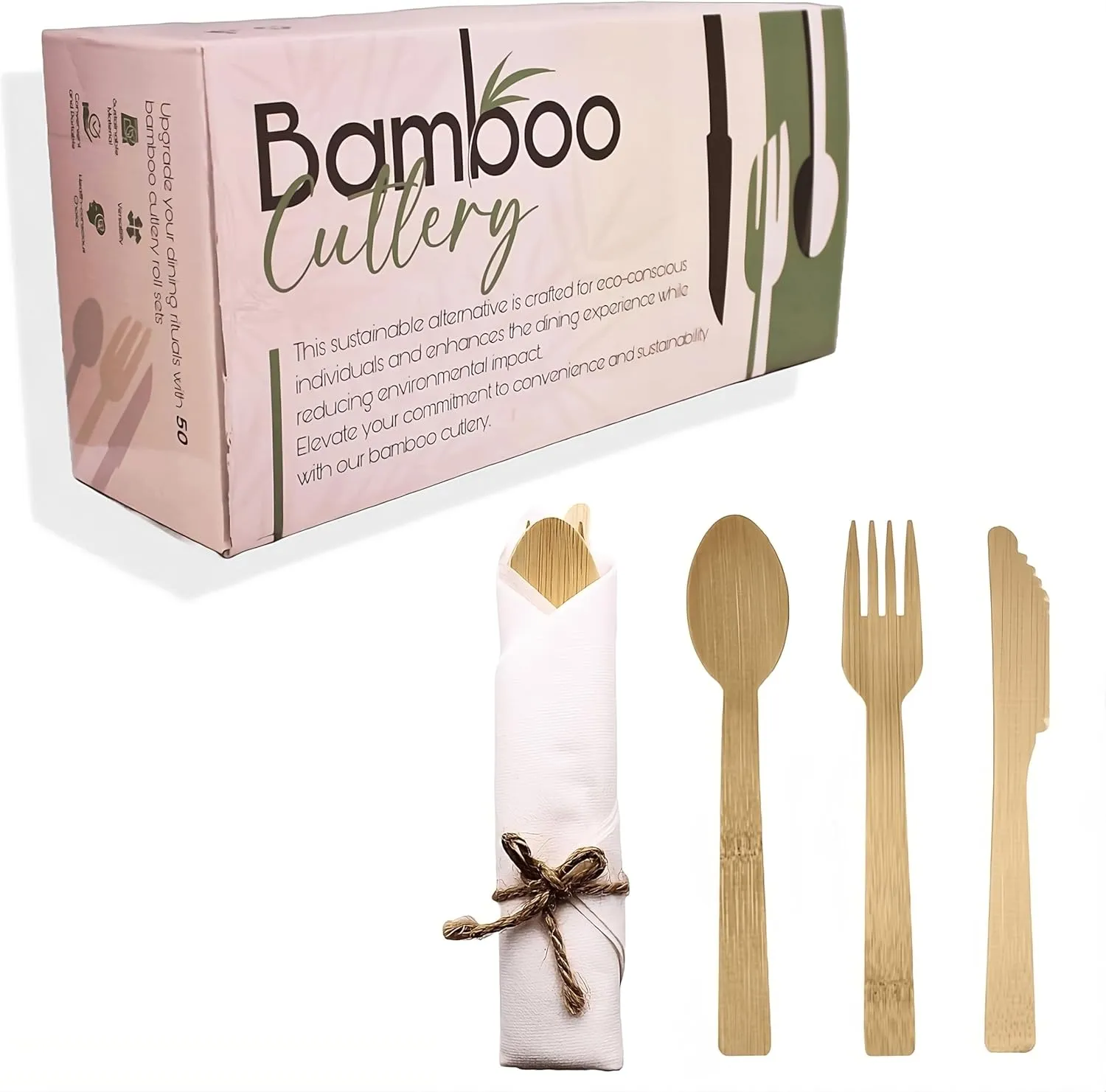 Premium Pre Rolled Bamboo Cutlery Set - 200 Pieces Natural Bamboo Cutlery - 50 Pack Compostable Utensils(50 Forks, 50 Knives, 50 Spoons, 50 Napkins), BIODEGRADABLE for Christmas, Gifting, Party