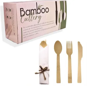 Premium Pre Rolled Bamboo Cutlery Set - 200 Pieces Natural Bamboo Cutlery - 50 Pack Compostable Utensils(50 Forks, 50 Knives, 50 Spoons, 50 Napkins), BIODEGRADABLE for Christmas, Gifting, Party