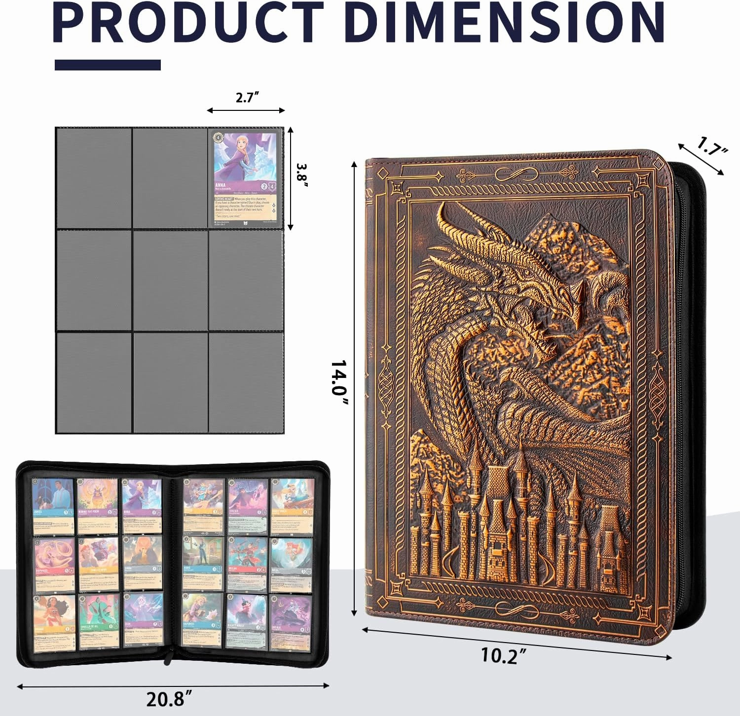 Premium Trading Card Binder - 9 Pocket Card Folder for Lorcana,Pokmon,Dragon Shield,MTG,TCG,Sports Cards,Unique Embossed Dragon Design,360 Side Loading Pockets for Safe Storage（Red Copper)