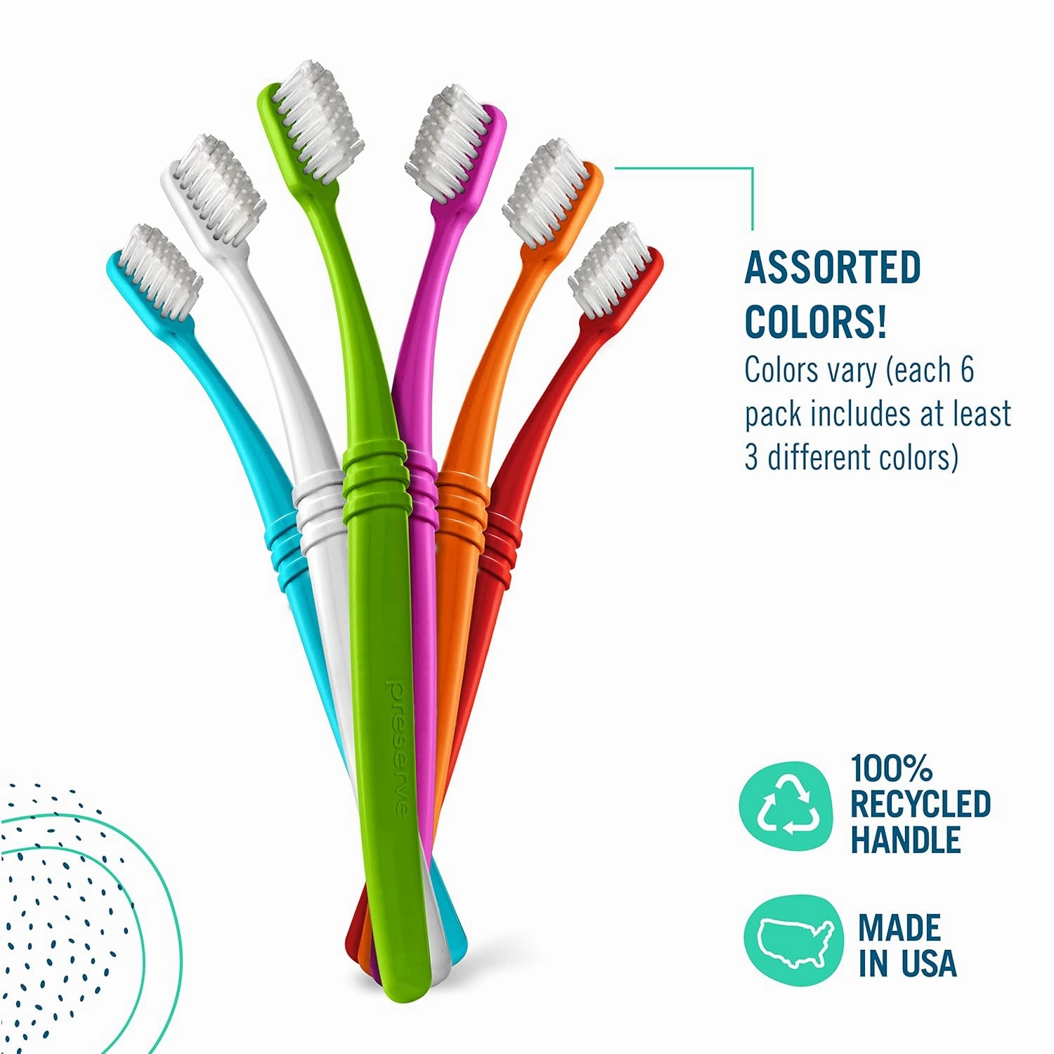 Preserve Eco Friendly Adult Toothbrushes, Made in The USA from Recycled Plastic, Lightweight Package, Soft Bristles, Colors Vary, 6 Pack