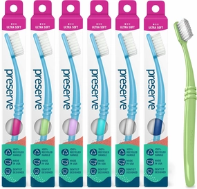 Preserve Eco Friendly Adult Toothbrushes, Made in The USA from Recycled Plastic, Ultra Soft Bristles, Paperboard Package, Colors Vary, 6 Count