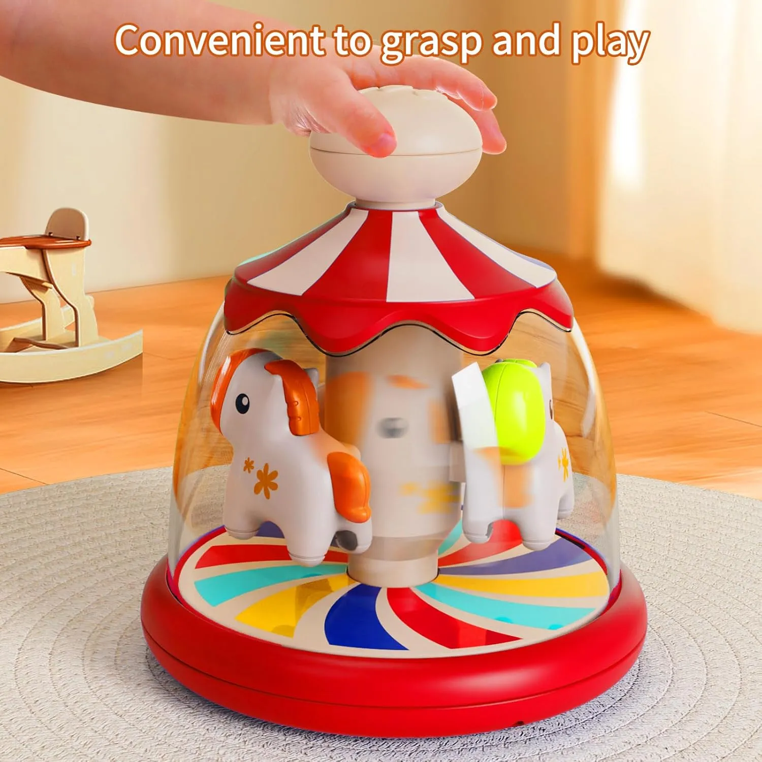 Press Spin Baby Toy Tumble Activity Dome Tumble Top Spinning Infants Toy Push Spin Carousel Colorful Spinning Faces Activity Learn Cause Effect Toys for 6 Month Plus (Red)