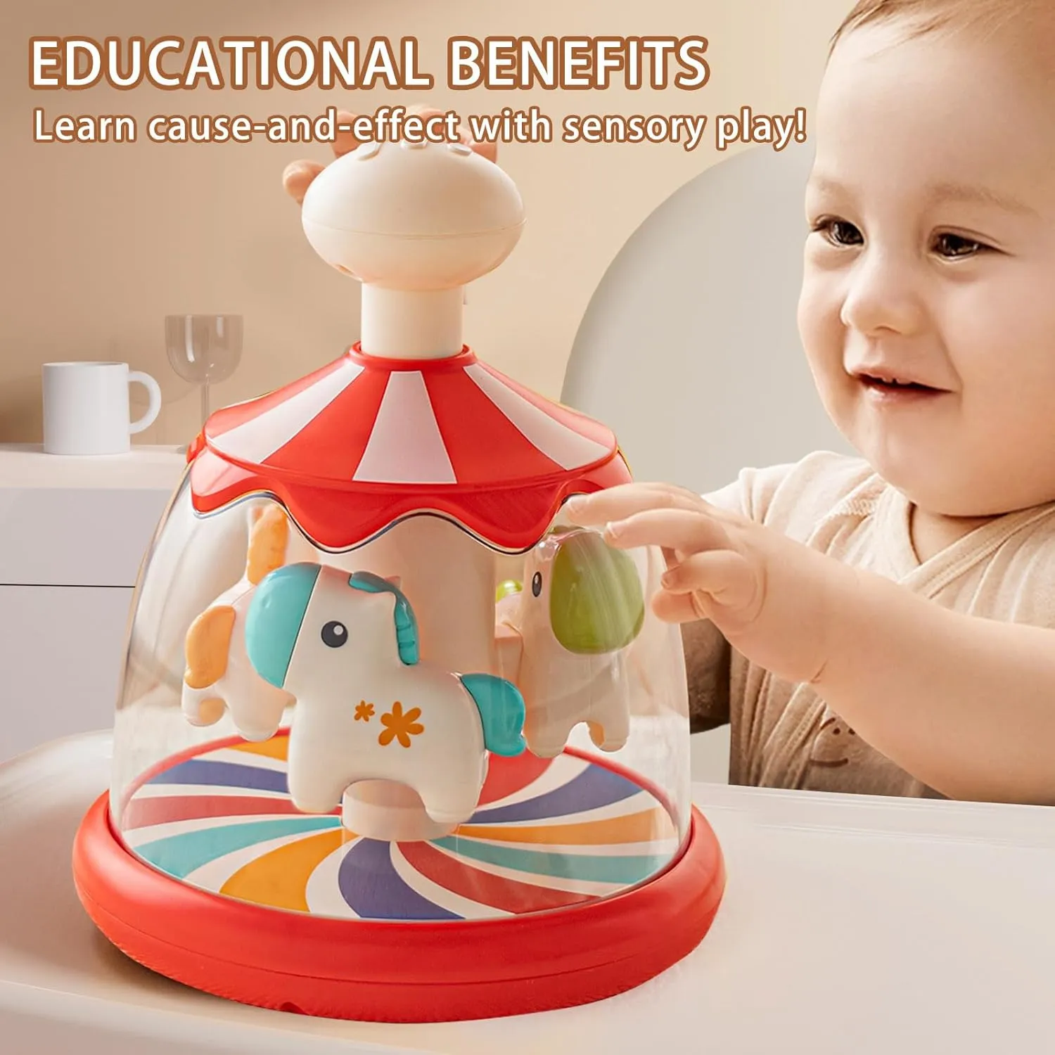 Press Spin Baby Toy Tumble Activity Dome Tumble Top Spinning Infants Toy Push Spin Carousel Colorful Spinning Faces Activity Learn Cause Effect Toys for 6 Month Plus (Red)