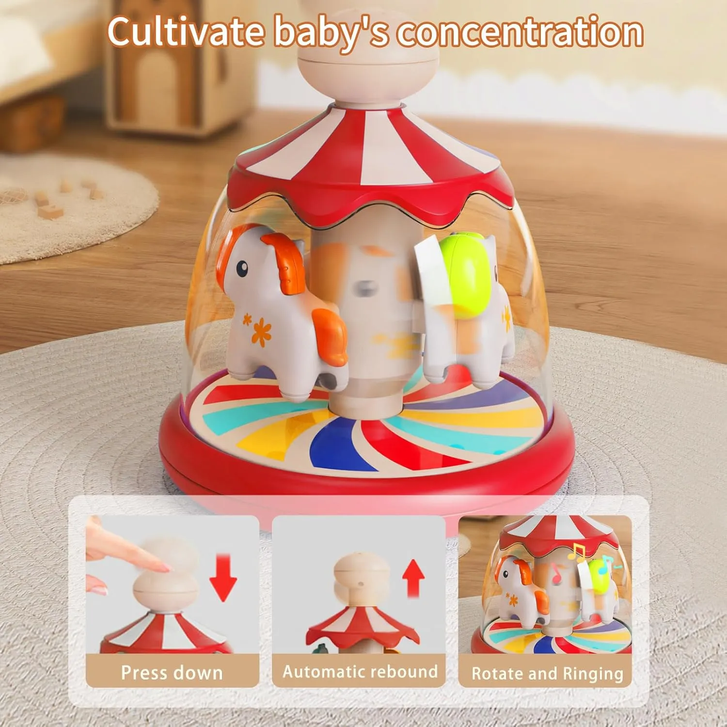 Press Spin Baby Toy Tumble Activity Dome Tumble Top Spinning Infants Toy Push Spin Carousel Colorful Spinning Faces Activity Learn Cause Effect Toys for 6 Month Plus (Red)