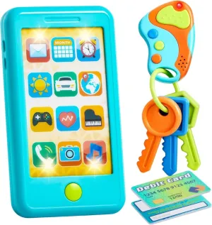 Pretend Toddler Play Phone, Learning Toy Phone Set,Keyfob Key Toy and Credit Cards Set, Kids Cellphone, Girls Boys Birthday Gifts for 1 2 3 Year Old,Baby Blue, Kids Presents, Easter Basket Stuffers
