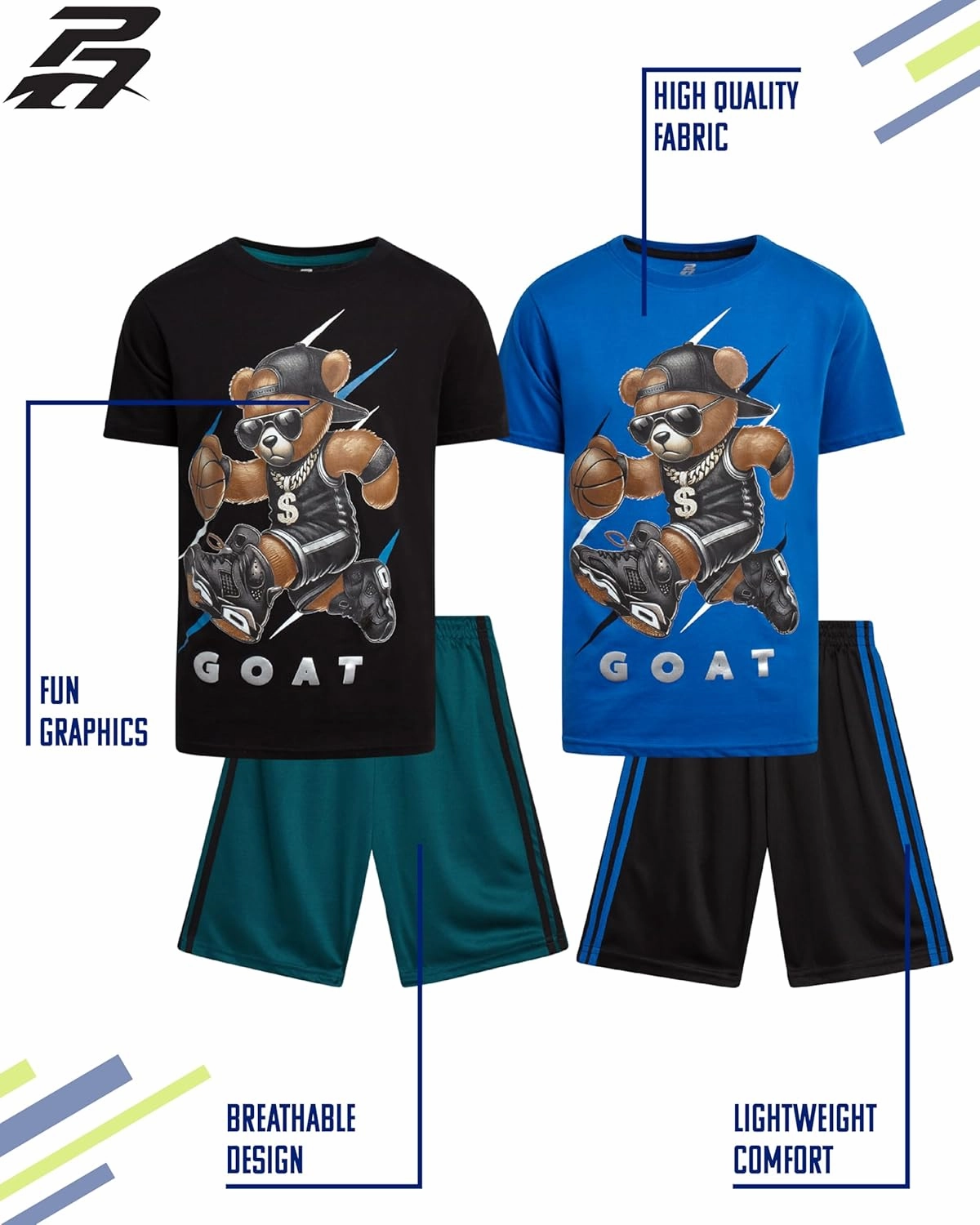 Pro Athlete Boys Shorts Sets - 4 Piece Dry Fit Short Sleeve Crewneck Graphic Tee and Performance Shorts for Boys (Sizes 8-16)