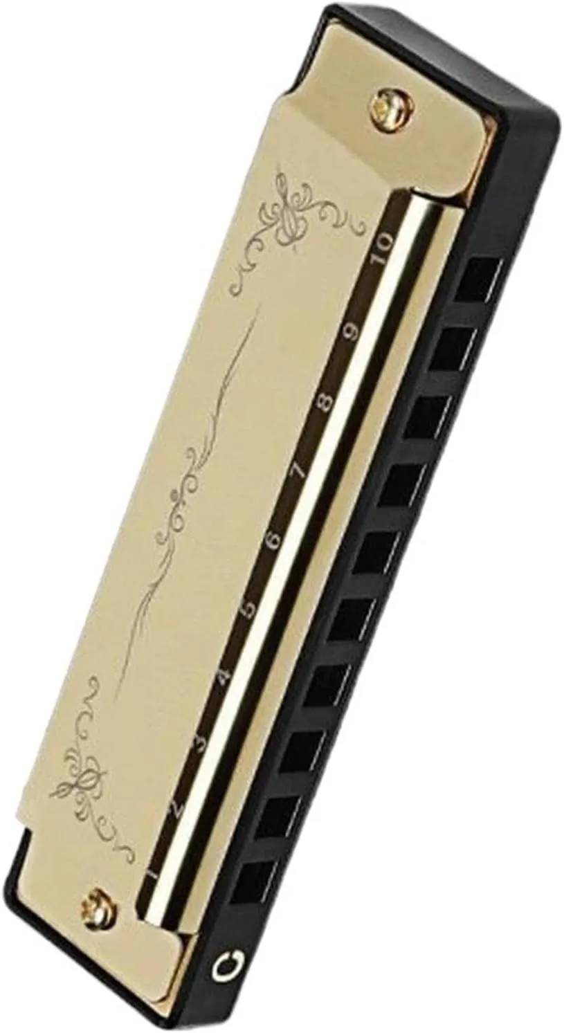 Professional 10 Hole 20 Note Harmonica In C Key With A Colorful Case Suitable(Gold)