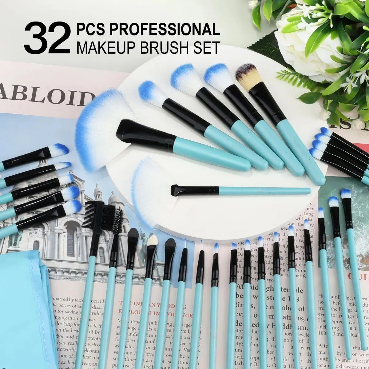 professional makeup brush set with eco-friendly wooden handles and bag beige