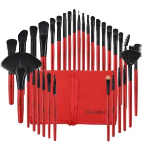 professional makeup brush set with eco-friendly wooden handles and bag red