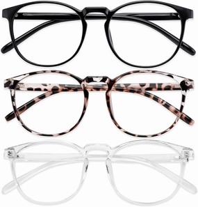 Przene 3 Pack Blue Light Blocking Glasses Women/Men,Retro Round Computer Glasses Anti Eye Strain/UV/Glare, Gaming Glasses. (Black/Crystal/Transparent Amber)