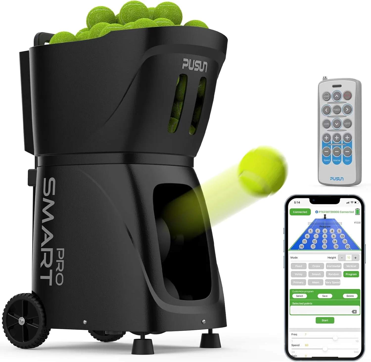PT-SMARTPro Tennis Ball Machine - Professional Auto Ball Server with APP Control, 20 Landing Points & Variable Speed, Smart Tennis Trainer with Multi-Angle System (4-6H Runtime)