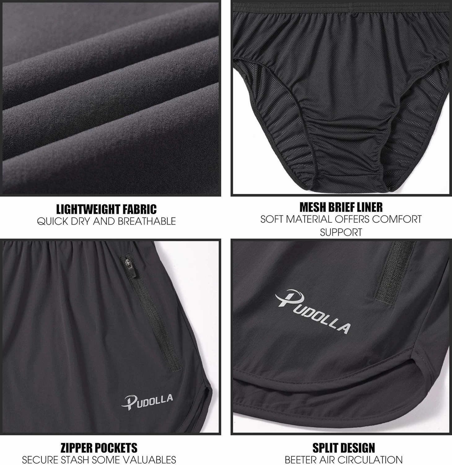 Pudolla Men’s Running Shorts 3 Inch Quick Dry Gym Athletic Workout Shorts for Men with Zipper Pockets