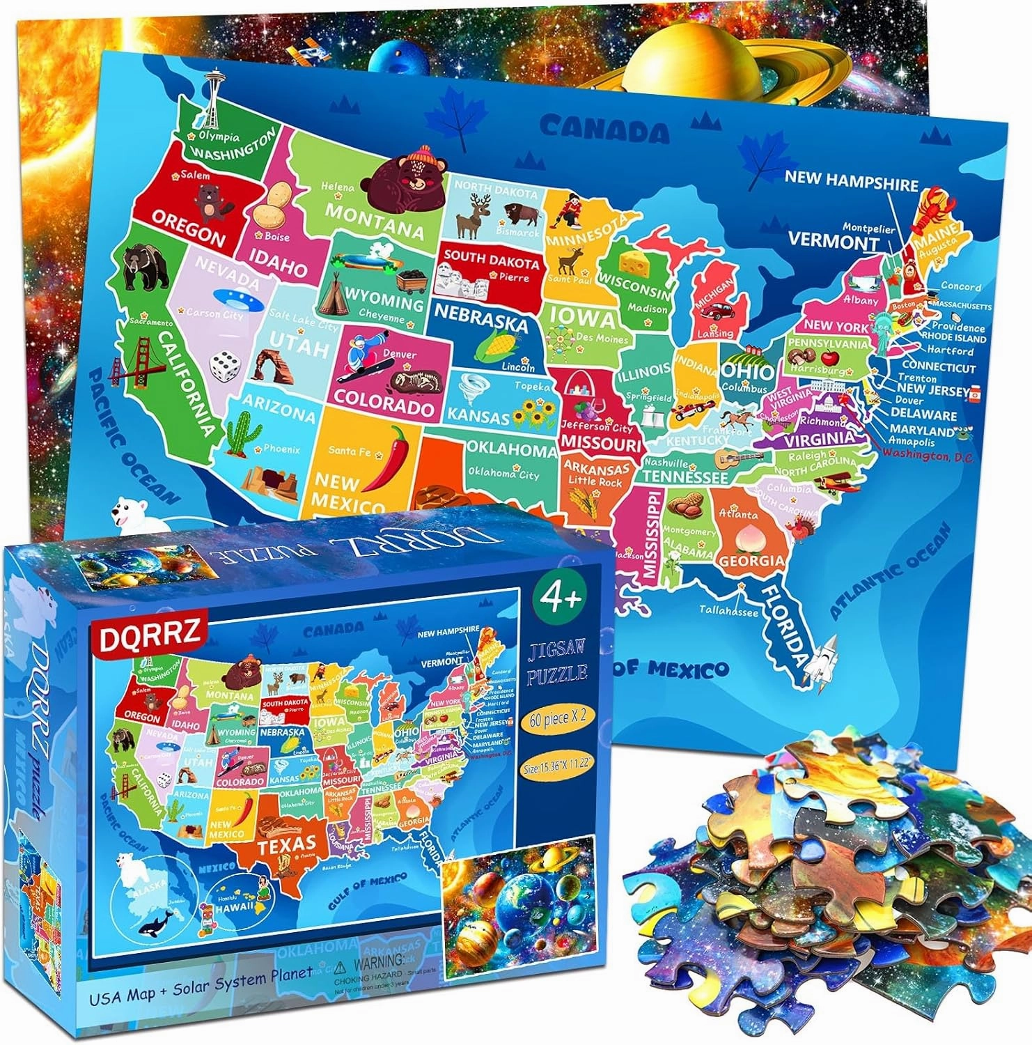 Puzzles for Kids Ages 4-6 – 2 x 60 Pieces Puzzles for Kids 3 4 5 6 7 8 Year Old – United States Puzzle & Solar System Floor Puzzle – Educational Learining Toys for Boys and Girls