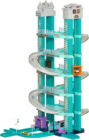 Qaba City Garage Playset with 98 Pieces Accessories Set, 6-Level Car Parking Playsets Toy with Manual and Electric Elevators Wash, Gas, Ejector & Car Repair Station, Gifts for Kids Ages 3-6 Years Old