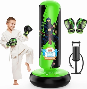 QPAU Punching Bag for Kids, 66 Inch Stable Inflatable Boxing Bag with Boxing Gloves, Stand Kids Punching Bag Toy for Boys & Girls Age 6-12, Boxing Set for Practicing Karate, Taekwondo, MMA