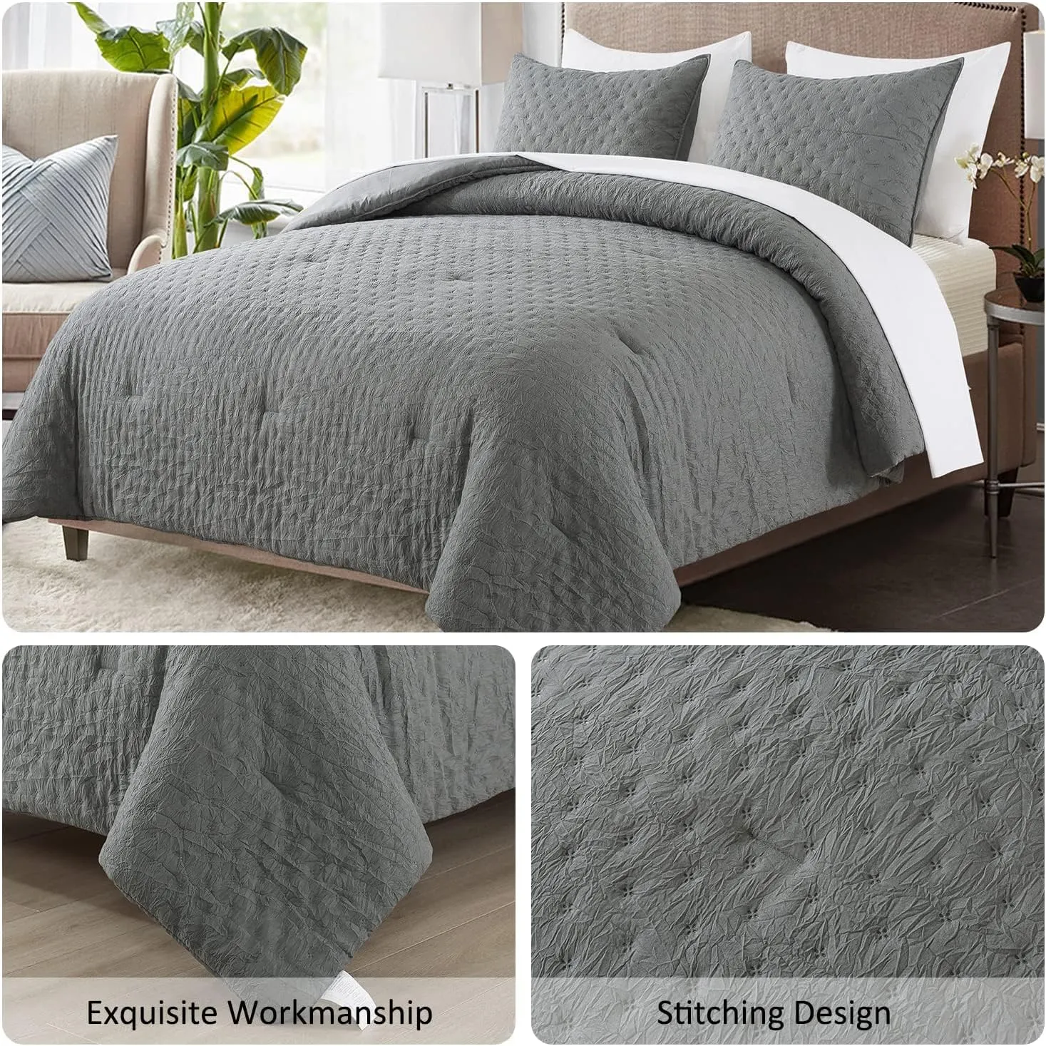Queen Size Bed in Bed 90""x90"", 3-Piece Comforter Set Queen - 480GSM Trendy Creased Embossed Quilt Design Shabby Chic Farmhouse Comforter Set for All Season, Dark Grey