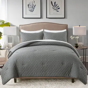 Queen Size Bed in Bed 90""x90"", 3-Piece Comforter Set Queen - 480GSM Trendy Creased Embossed Quilt Design Shabby Chic Farmhouse Comforter Set for All Season, Dark Grey