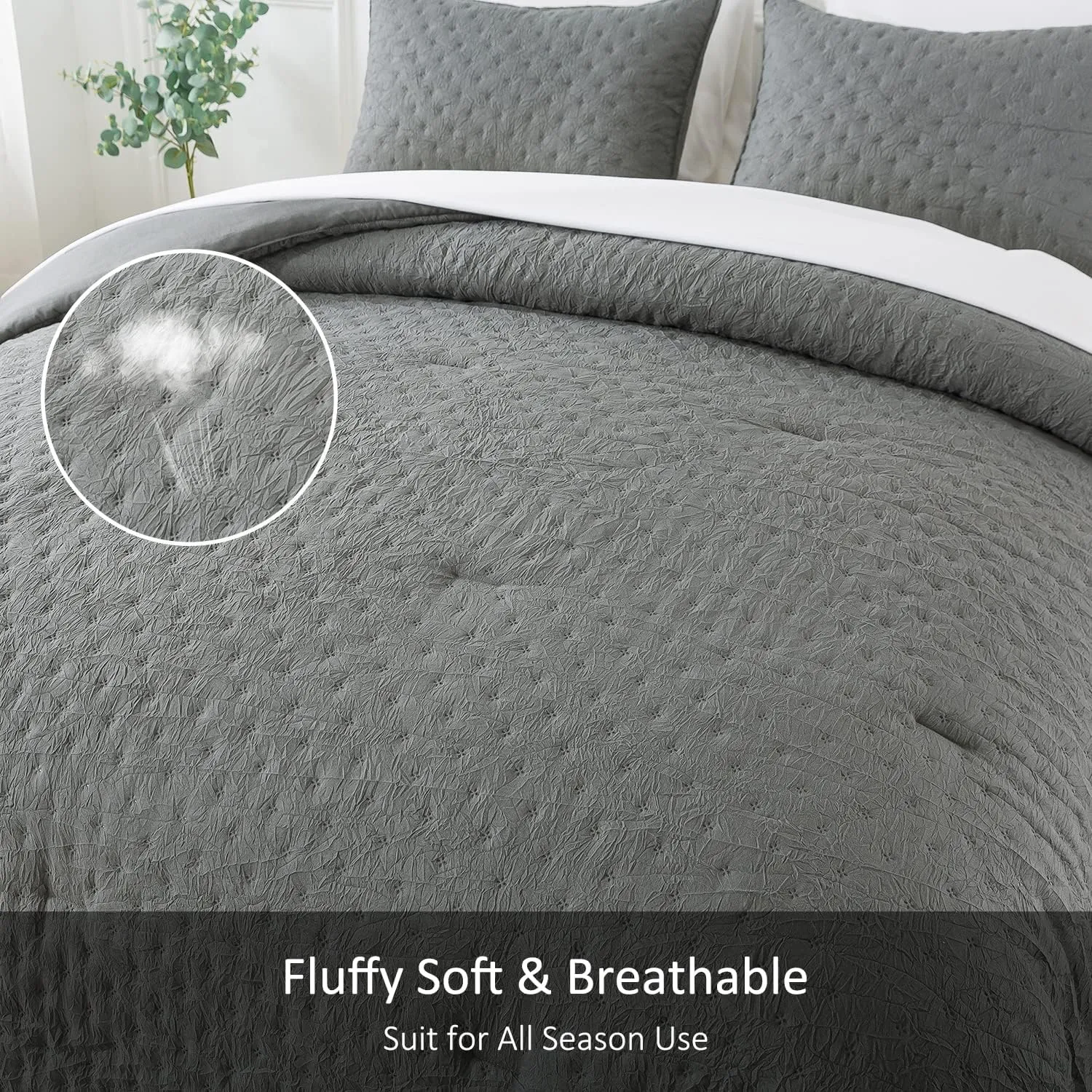Queen Size Bed in Bed 90""x90"", 3-Piece Comforter Set Queen - 480GSM Trendy Creased Embossed Quilt Design Shabby Chic Farmhouse Comforter Set for All Season, Dark Grey