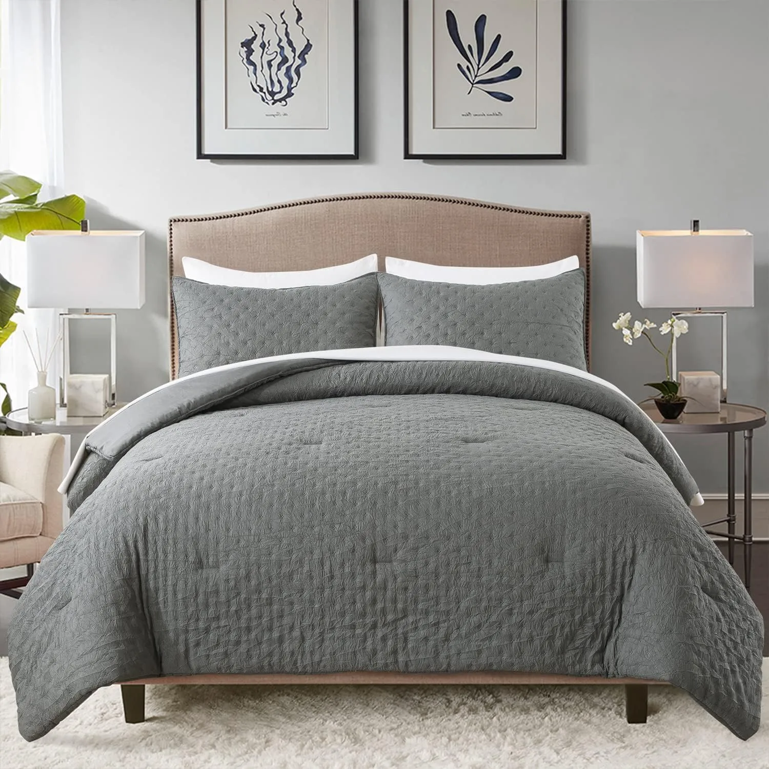 Queen Size Bed in Bed 90""x90"", 3-Piece Comforter Set Queen - 480GSM Trendy Creased Embossed Quilt Design Shabby Chic Farmhouse Comforter Set for All Season, Dark Grey