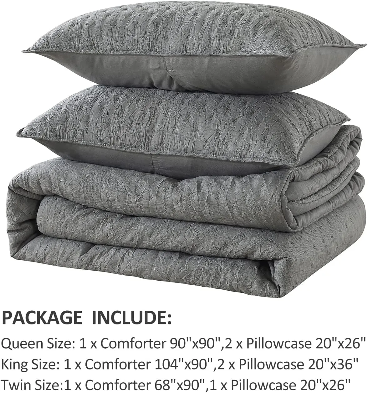Queen Size Bed in Bed 90""x90"", 3-Piece Comforter Set Queen - 480GSM Trendy Creased Embossed Quilt Design Shabby Chic Farmhouse Comforter Set for All Season, Dark Grey