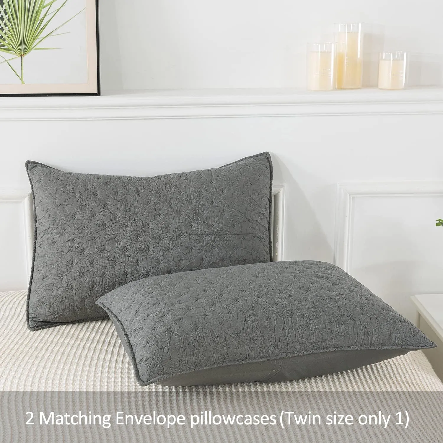 Queen Size Bed in Bed 90""x90"", 3-Piece Comforter Set Queen - 480GSM Trendy Creased Embossed Quilt Design Shabby Chic Farmhouse Comforter Set for All Season, Dark Grey